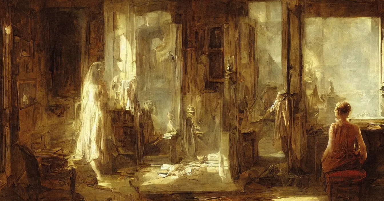 Prompt: view from behind mirror, very deep stillness atmosphere, dimension of still moment, spiritual style, digital art, by augustus edwin mulready