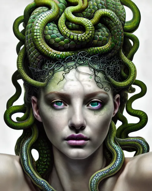 Prompt: hyperrealistic mixed media painting of beautiful Medusa, many green scaley serpents in her hair, gray stony skin, seductive expression, full body, stunning 3d render inspired art by P. Craig Russell and Barry Windsor-Smith + perfect facial symmetry + dim volumetric lighting, 8k octane beautifully detailed render, post-processing, extremely hyperdetailed, intricate, epic composition, grim yet sparkling atmosphere, cinematic lighting + masterpiece, trending on artstation, very very detailed, masterpiece, stunning