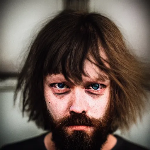 Image similar to Dennis Ritchie, grungy, unkept hair, glowing eyes, modelsociety, radiant skin, huge anime eyes, RTX on, perfect face, directed gaze, intricate, Sony a7R IV, symmetric balance, polarizing filter, Photolab, Lightroom, 4K, Dolby Vision, Photography Award