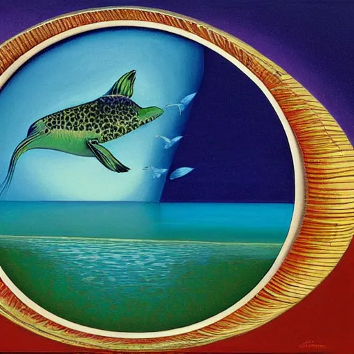 Image similar to aquatic summer bipedal shallows circle pollock kiwi beer specter, by jean giraud and didier barra and georgia o'keeffe, detailed painting, an art deco, black velvet painting