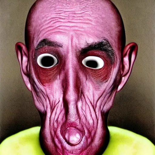 Image similar to color photo of weirdo, shaved eyebrows, thin lips, jimmy durante nose, pale skin, suffering from neurofibromatosis, realistic, high detail, high quality, jerry uelsmann, trending on pinterest