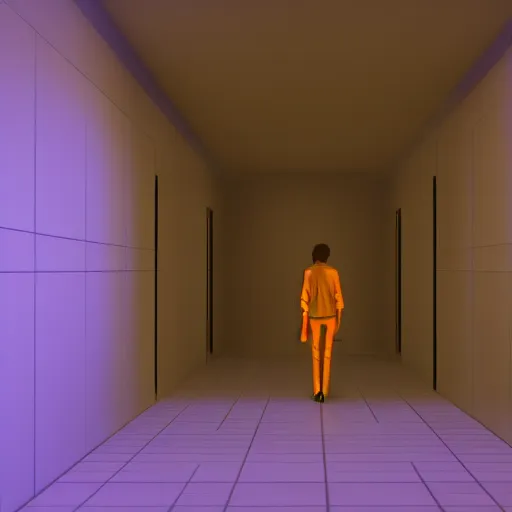 Image similar to a person standing in a dark hallway with a purple light, a 3D render by George Lucas, featured on polycount, cubo-futurism, volumetric lighting, rendered in unreal engine, cinematic lighting