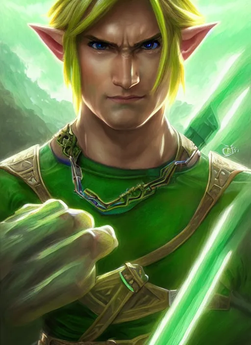 Image similar to portrait of aggressive link from the legend of zelda, d & d, muscular! green, fantasy, intricate, elegant, highly detailed, digital painting, artstation, concept art, smooth, sharp focus, illustration, art by artgerm and greg rutkowski and alphonse mucha