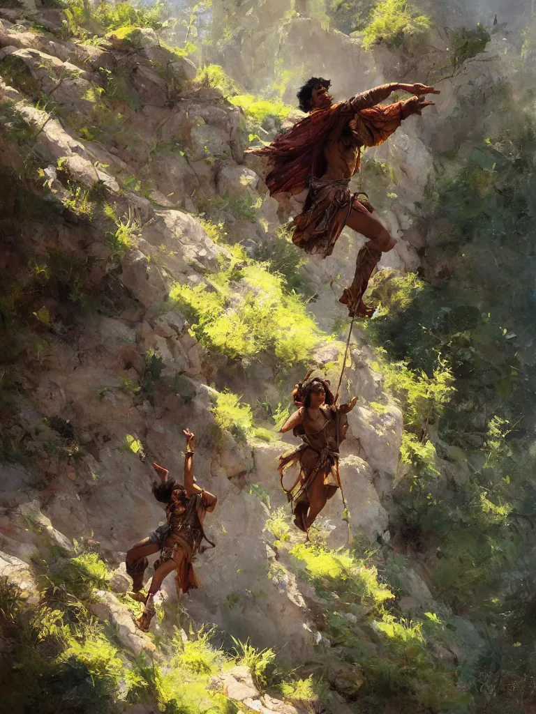 Image similar to oil art close - up of young roma mage adventurer climbing down a cliffside in style of disco elysium character, gipsy jester character design from ravenloft, art by anders zorn, wonderful masterpiece by greg rutkowski, beautiful cinematic light, american romanticism by greg manchess, jessica rossier