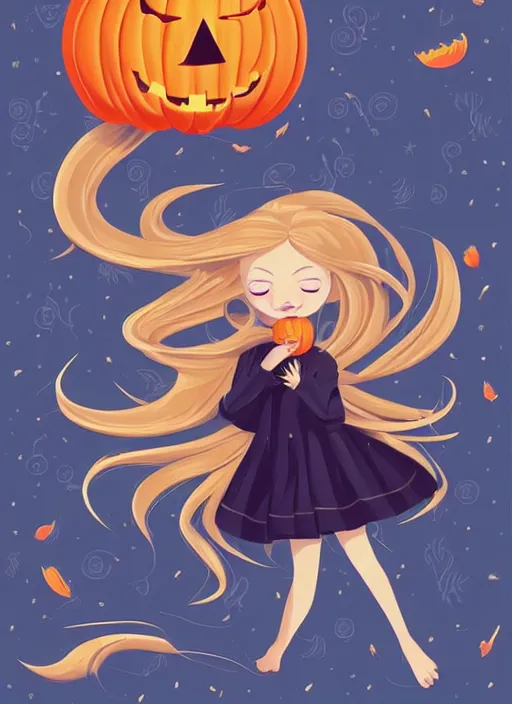 Image similar to little girl with long blonde hair holding a pumpkin. background is skulls. clean cel shaded vector art. shutterstock. behance hd by lois van baarle, artgerm, helen huang, by makoto shinkai and ilya kuvshinov, rossdraws, illustration, art by ilya kuvshinov