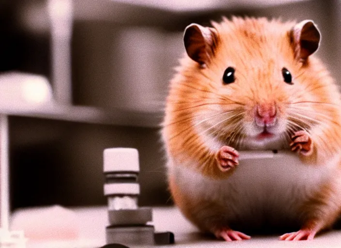 Image similar to film still of a hamster working in a research lab finding the cure for cancer, 8 k