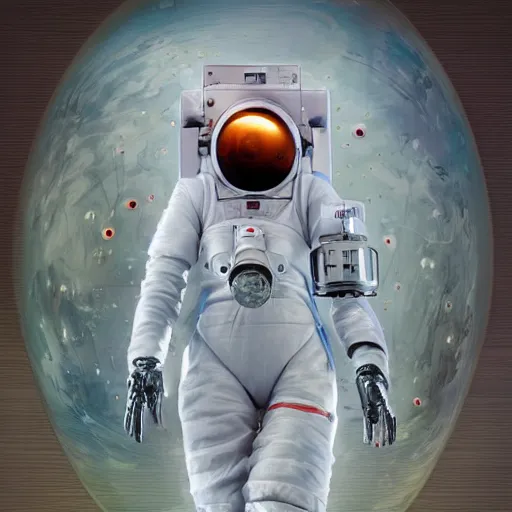 Image similar to a cybernetic symbiosis cybernetic mech astronaut sniper woman in a nasa eva suit with small nixie tube barnacles, nasa eva suit, by beeple, white fractals, small nixie tubes, nasa canadarm, maxillipeds, chelicerae, chelate appendages