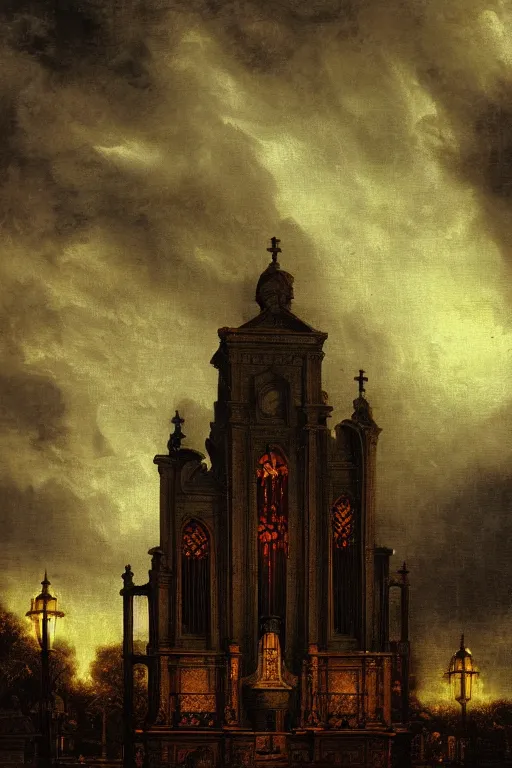 Prompt: dark fantasy matte painting of a city-size pipe organ at night, dark stormy weather by beksinsky and Goya, fine detail