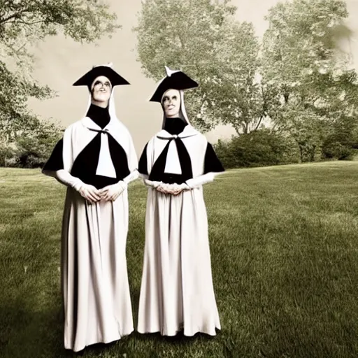 Image similar to photo of wearing pointed hats, translucent dresses, two freaky levitating twin nuns