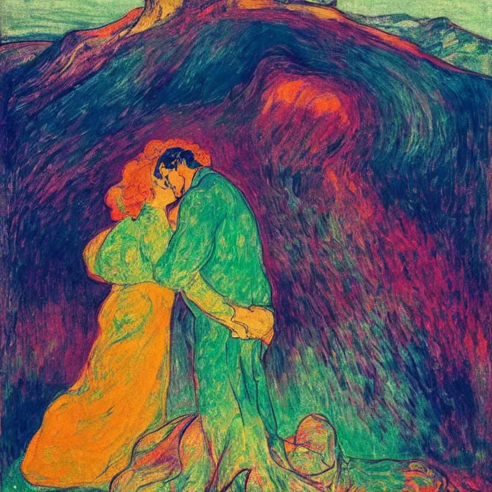 Image similar to close portrait of woman and man kissing. icy mountains far away. aurora borealis. iridescent, vivid psychedelic colors. painting by munch, agnes pelton, egon schiele, henri de toulouse - lautrec, utamaro, monet