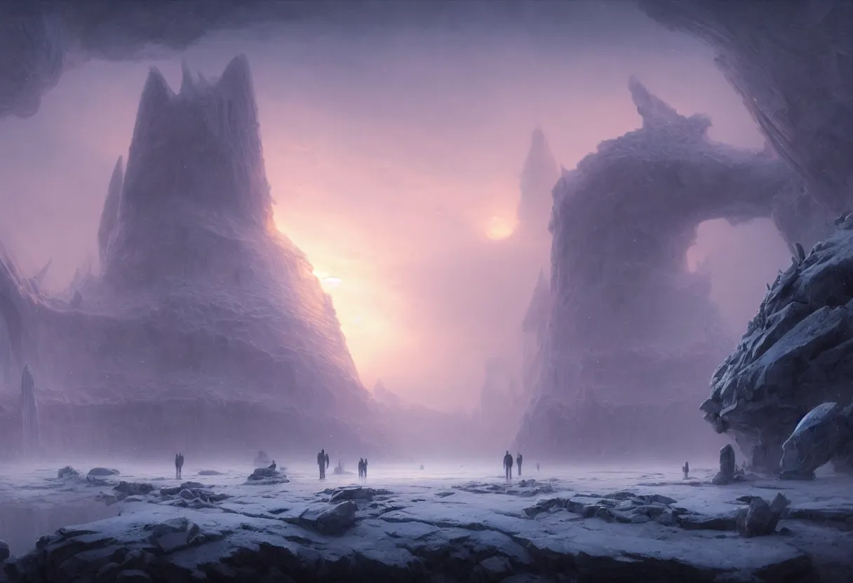 Image similar to strange surface of another frozen winter planet at sunset ruins of ancient civilization at sea, ultra high definition, ultra detailed, symmetry, fog, matte painting, by greg rutkowski and ross tran and wlop