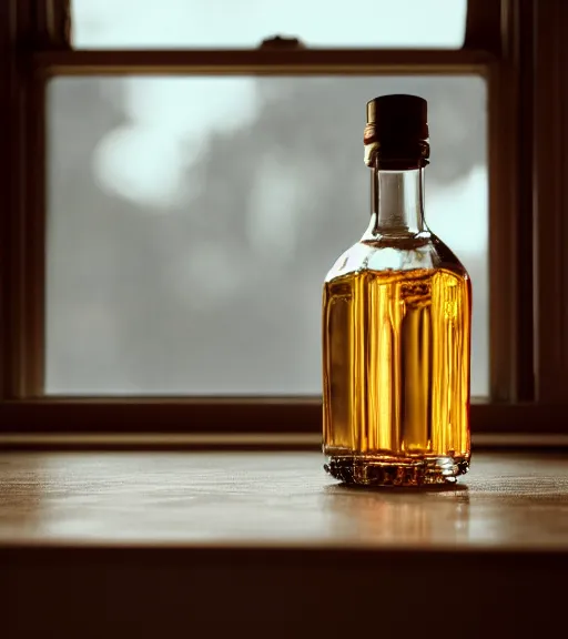 Image similar to a 4 k photorealistic photo of a bottle on a desk infront of a window. good reflections.