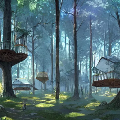 Image similar to concept art painting of treehouses made out of trees, walkways between trees, trees with doors and windows in a deep forest, realistic, detailed, cel shaded, in the style of makoto shinkai and greg rutkowski and james gurney