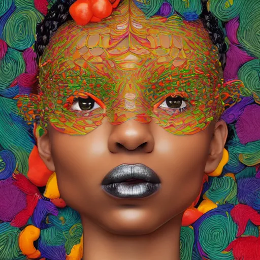 Image similar to the portrait of a beautiful and elegant young black woman made up of peppers, an ultrafine detailed illustration by james jean, intricate linework, bright colors, final fantasy, behance contest winner, vanitas, angular, altermodern, unreal engine 5 highly rendered, global illumination, radiant light, detailed and intricate environment