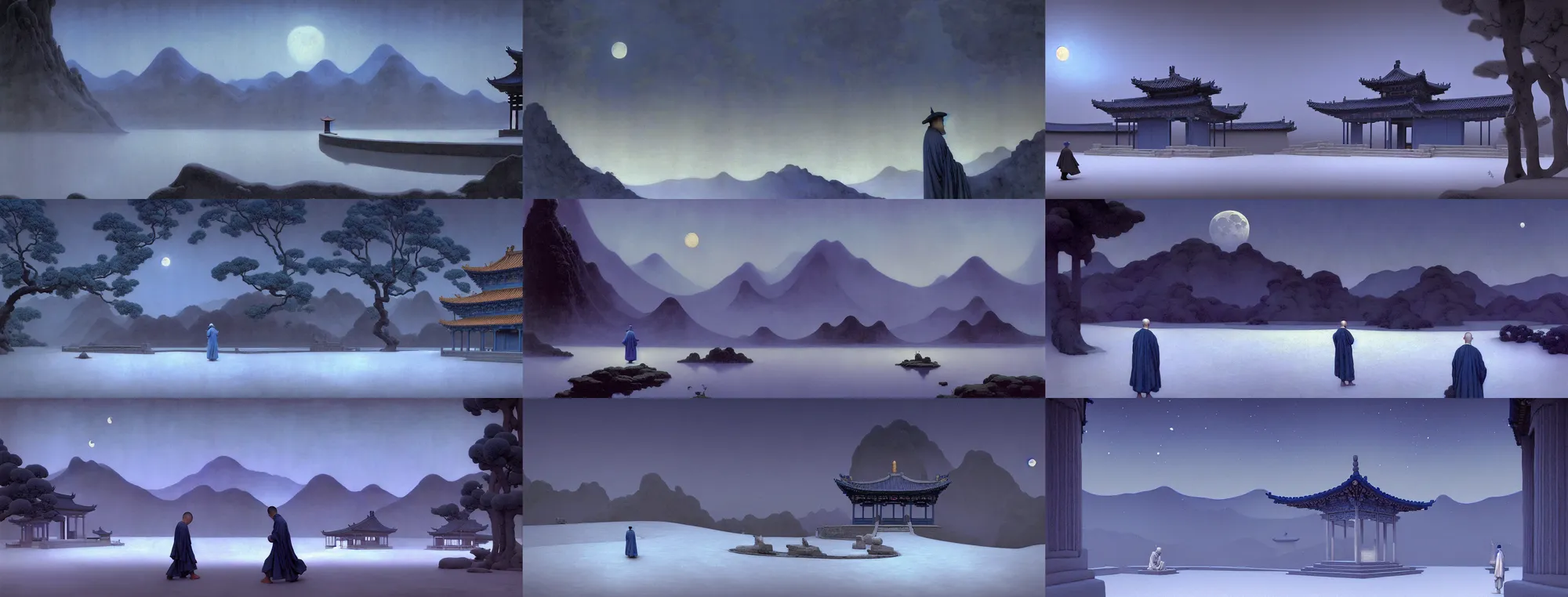 Image similar to a gorgeous landscape painting by barlowe wayne maxfield parrish and marco mazzoni. drak blue night sky. just one winter moon!! snow. chinese temple. just one lonely chinese monk in grey blue long gown walks on the winding steps. ultra clear detailed. 3 d, octane render. turbulent blood lake. fog