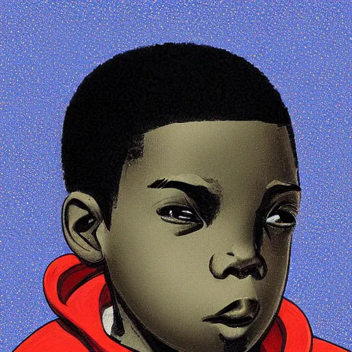 Prompt: “Side portrait of A AfricanAmericanboy with a blue hoodie on, in the style of a soviet propaganda poster”