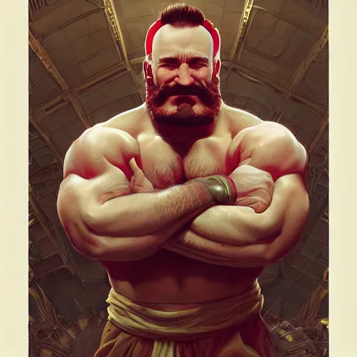 Prompt: robin williams as zangief from street fighter, flexing, ultra realistic, concept art, intricate details, eerie, highly detailed, photorealistic, octane render, 8 k, unreal engine. art by artgerm and greg rutkowski and magali villeneuve and alphonse mucha