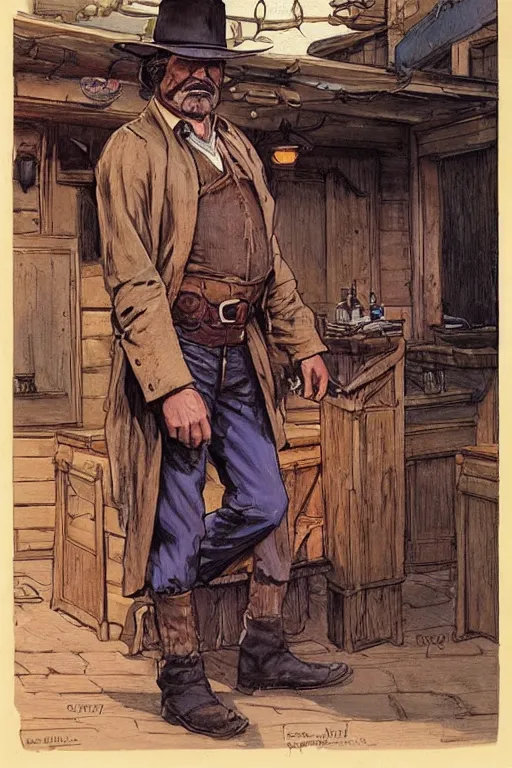 Image similar to old west bartender. concept art by James Gurney and Mœbius.