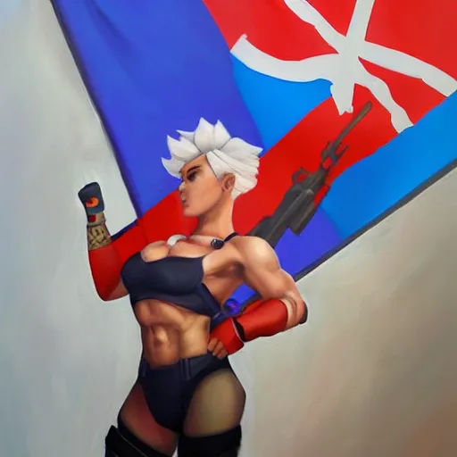 Prompt: photorealistic painting of overwatch's zarya holding flag of the ussr