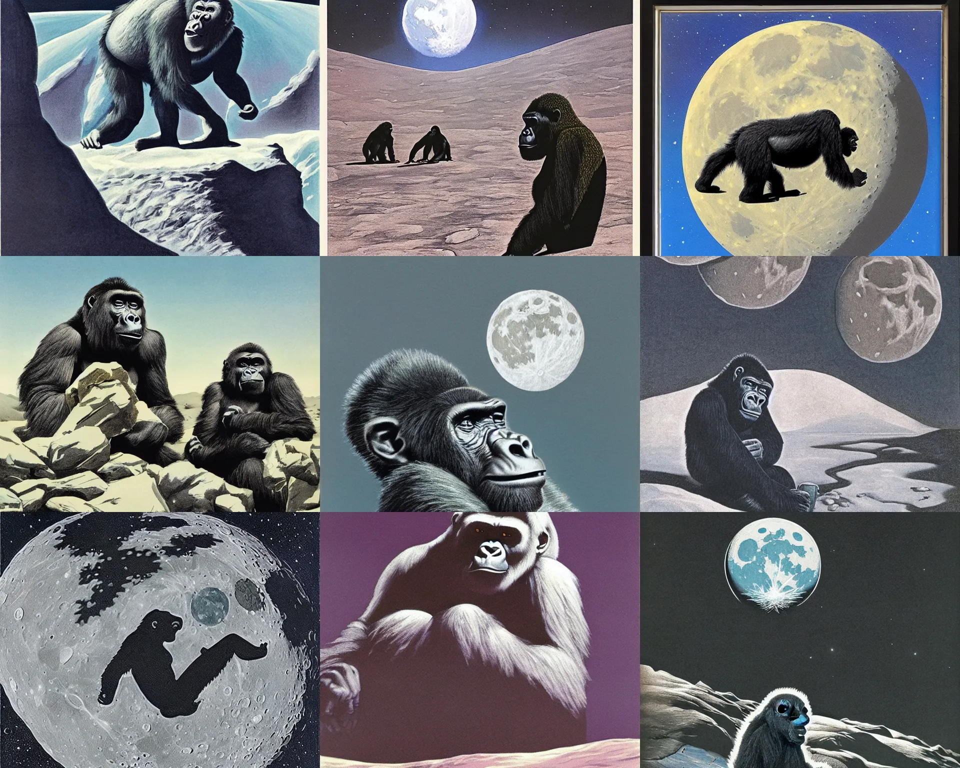 Prompt: gorilla on the moon by chesley bonestell