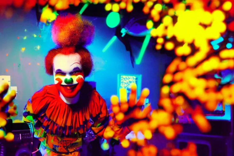 Image similar to cute clowngirl in clowncore cyberspace, fractal, in 2 0 5 5, y 2 k cutecore clowncore, bathed in the glow of a crt television, crt screens in background, low - light photograph, in style of tyler mitchell