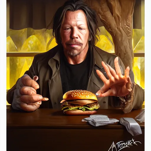 Image similar to portrait of mickey rourke eating hamburgers, extra onions and ketchup, luscious patty with sesame seeds, ethereal, handsome, d & d, fantasy, intricate, elegant, highly detailed, digital painting, artstation, concept art, matte, sharp focus, illustration, art by artgerm and greg rutkowski and alphonse mucha