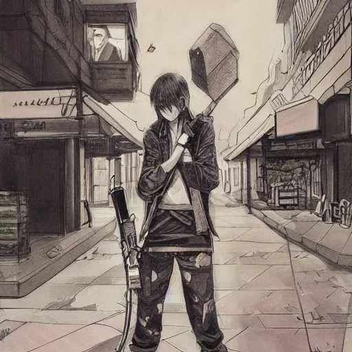 Image similar to a beautiful painting of chainsaw man posing on city street by tatsuki fujimoto, detailed line art, chainsaw man manga