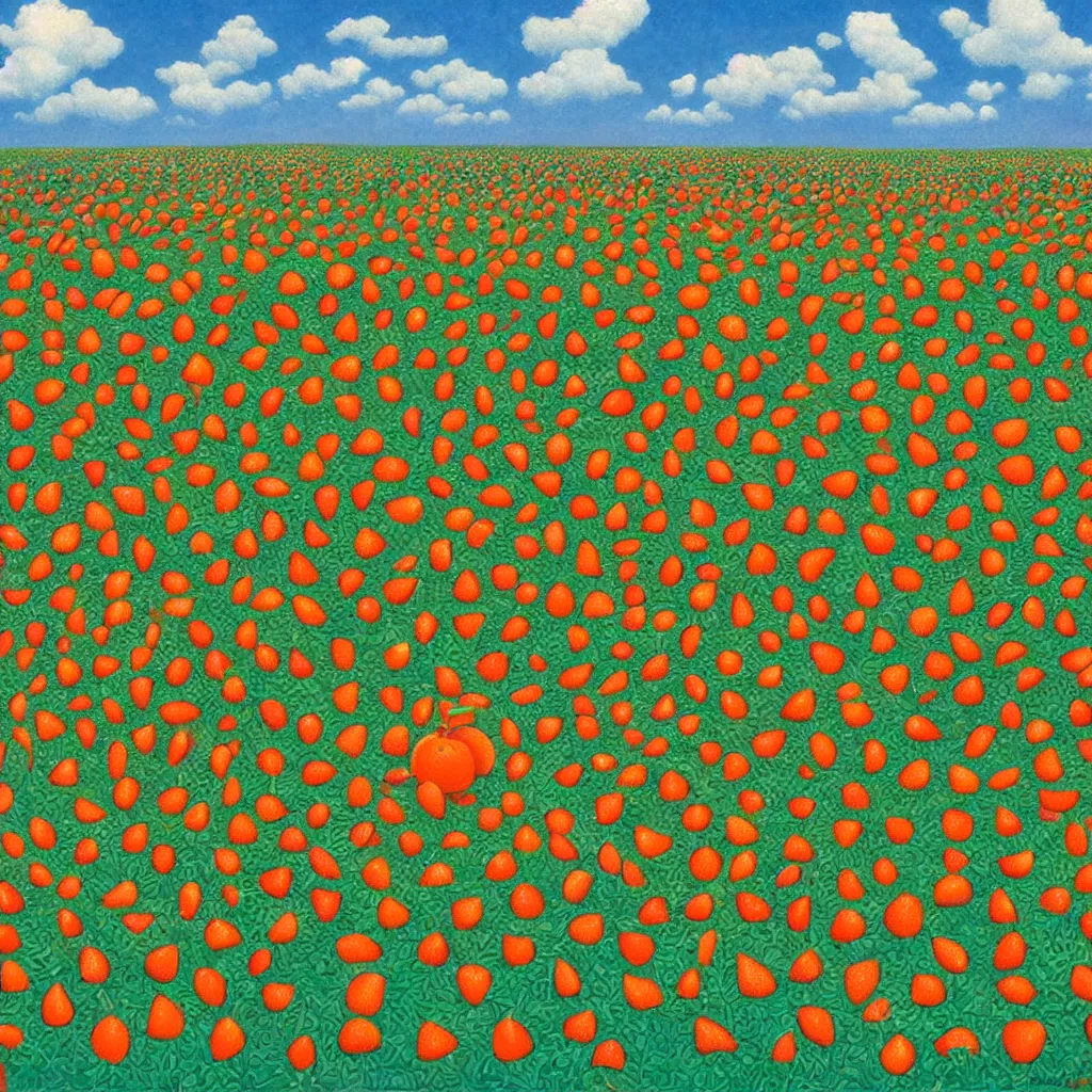 Image similar to a orange strawberry field seen by far in a car riding by, by Rob Gonsalves