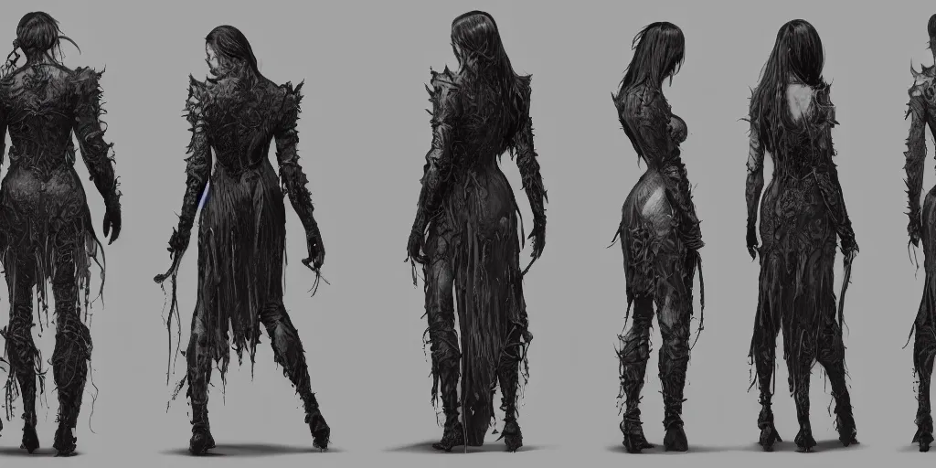 Image similar to gothic character back view and side view detail designs, Milo Manara, Greg Rutkowski, character sheet, Darek Zabrocki, Karlkka, Jayison Devadas, Phuoc Quan, trending on Artstation, 8K, ultra wide angle, pincushion lens effect