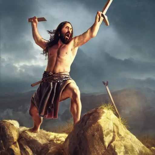 Image similar to Jesus Christ as a viking holding a battleax yelling and raising his arms, 8k, hyperrealistic, professional photography, epic composition