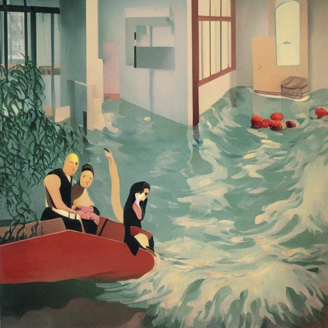 Image similar to painting of flood waters inside an apartment, tall female emo art student, a river flooding indoors, pomegranates, pigs, ikebana, water, river, rapids, waterfall, black swans, canoe, berries, acrylic on canvas, surrealist, by magritte and monet