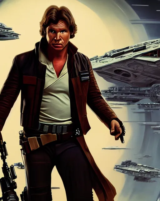 Image similar to portrait of han solo on the millennium falcon, harrison ford,, star wars, gta v, hyper realistic, ambient lighting, concept art, intricate, hyper detailed, smooth, action, volumetric lighting, george lucas, arney fretag, ralph mcquarrie, octane