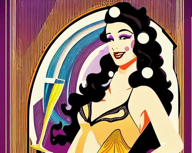 Image similar to teenage cher dancing in art deco style, champagne commercial, artstation, illustration, bright, cheerful, detailed and intricate environment