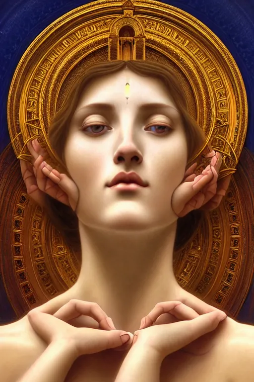 Prompt: portrait of a beautiful goddess face merging with a cathedral building, unusual beauty, etheric, emotionally evoking symbolic metaphors, head in focus, fantasy, ornamental, intricate, elegant, sensual, highly detailed digital painting, artstation, concept art, painterly, golden ratio, sharp focus, illustration, art by Antonio Mora and John William Godward and Alphonse Mucha and Zdzisław Beksiński,