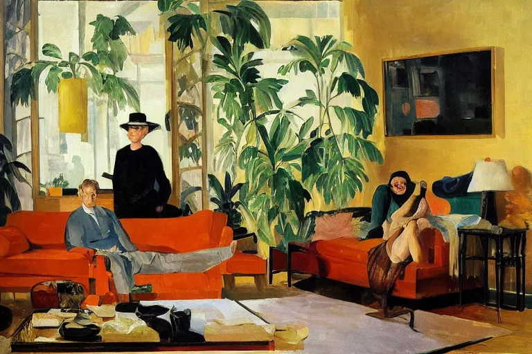 Prompt: A cozy, warm living room, bathed in golden light, with many tropical plants and eclectic furniture, a figure rests on an old couch, highly relaxed, sunday afternoon, living the good life, at peace, golden ratio, fauvisme, art du XIXe siècle, figurative oil on canvas by Albert Marquet, André Derain, Auguste Herbin, Louis Valtat, Musée d'Orsay catalogue