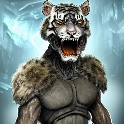 Image similar to a humanoid with cat-like features, yellow eyes, teeth that protrude past the lower lip (sort of like a saber-tooth tiger) and fine grayish fur on their faces and backs of their hands wearing futuristic alien armor and carrying weapons, octane,