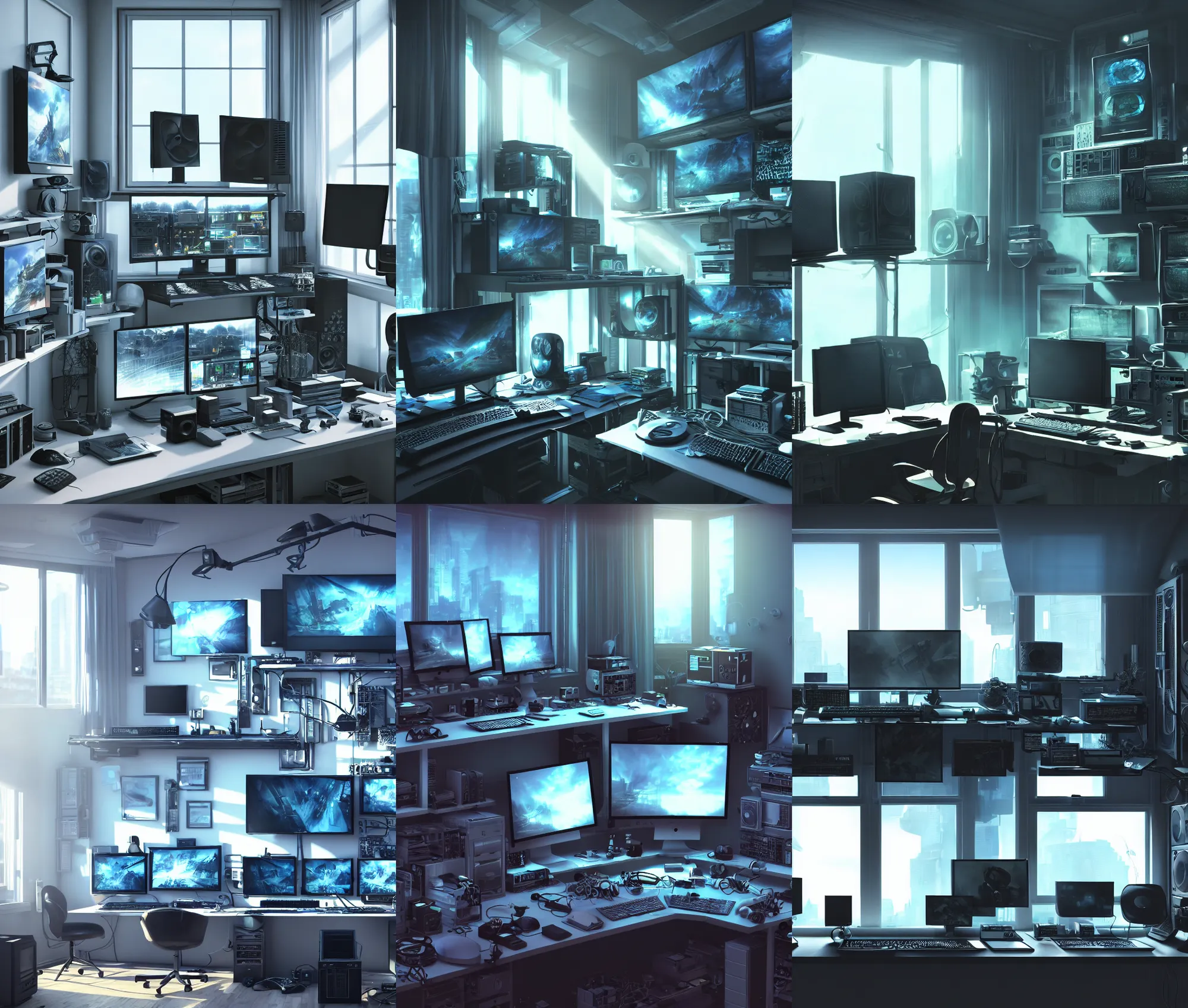 Prompt: detailed artstation scene of a complex computer workstation in a small studio apartment room, many monitors, many electronics, a window view, maximalism, ambient occlusion, volumetric light, sunny morning light, sun beam, atmospheric haze, fine details, scifi, unreal engine, hyperrealism, realistic shading, cinematic composition, blender render, photorealistic, wide shot
