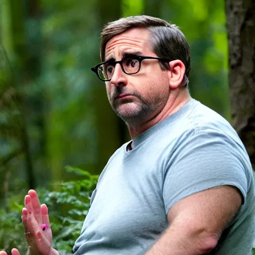 Image similar to chubby Steve Carell meditate in the Forest