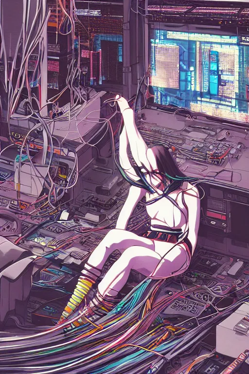 Image similar to awe inspiring cyberpunk anime style illustration of an android girl seated on the floor in a tech labor, seen from behind with her back open showing a complex mess of cables and wires, by masamune shirow and katsuhiro otomo, studio ghibli color scheme, japan, 1980s, dark, complex