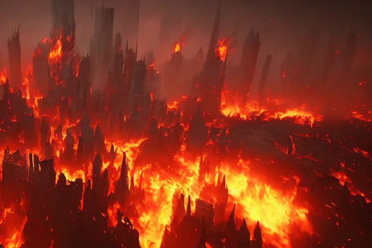 Image similar to big evil city inferno, dark fantasy, shadows, artstation trending, unreal engine 5, red