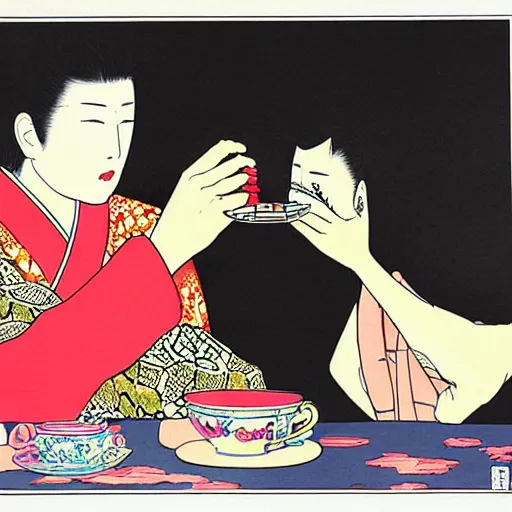 Image similar to Japanese beauty wrapped in a snake having tea with her husband by Toshio Saeki, high detailed