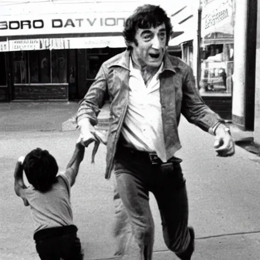 Image similar to frightened robert deniro pointing at a running goblin, photograph, 1 9 7 6