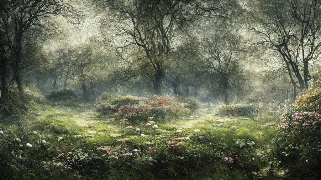 Prompt: the secret garden is overgrown with weeds and growth. no snow. andreas achenbach, artgerm, mikko lagerstedt, zack snyder, tokujin yoshioka