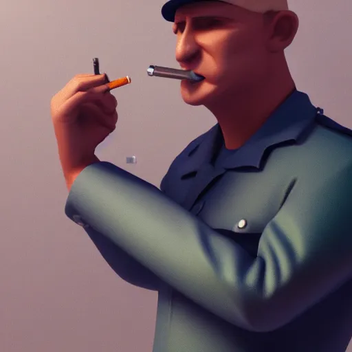 Image similar to policeman smoking joint, octane render, V-Ray, 8k, trending on ArtStation,