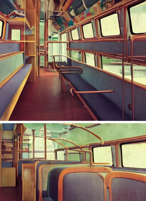 Image similar to interior design of a schoolie, mid - century modern converted school bus interior design by philippe starck and victoria hagan, detailed digital photography by rutkovski and beksinski, masterpiece, gorgeous, 4 k