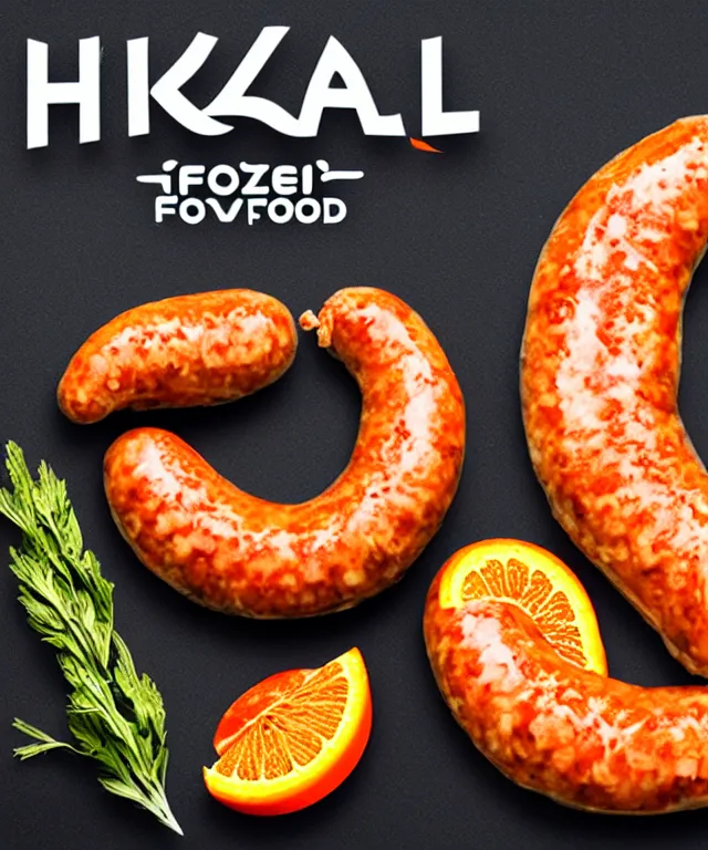 Prompt: a logo for frozen food shop called 'haikal frozen food' with elegant logo and detail food oriented and orange basic color with sausage on it,detail,and make people interested with that shop