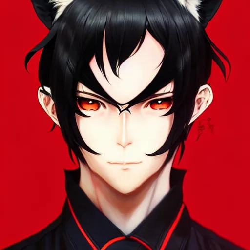 Image similar to anime portrait of a slick black hair guy with red eyes and fox ears by stanley artgerm lau, wlop, rossdraws, james jean, andrei riabovitchev, marc simonetti, and sakimichan, trending on artstation