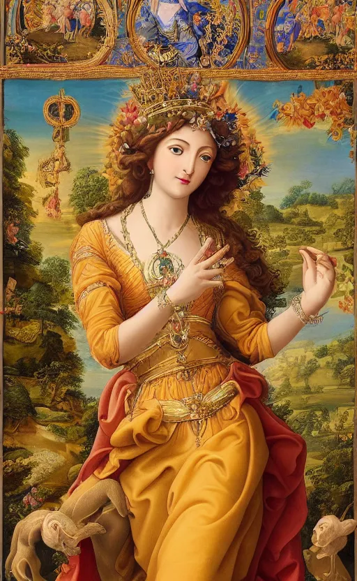 Prompt: mural of a young godess of spring, beautiful royal gown, royal ornaments, reaching towards the heavens, holy imagery, highly detailed, beautiful colors, renaissance mural, golden ratio, mural in the style of sandro boticceli, sandro boticceli