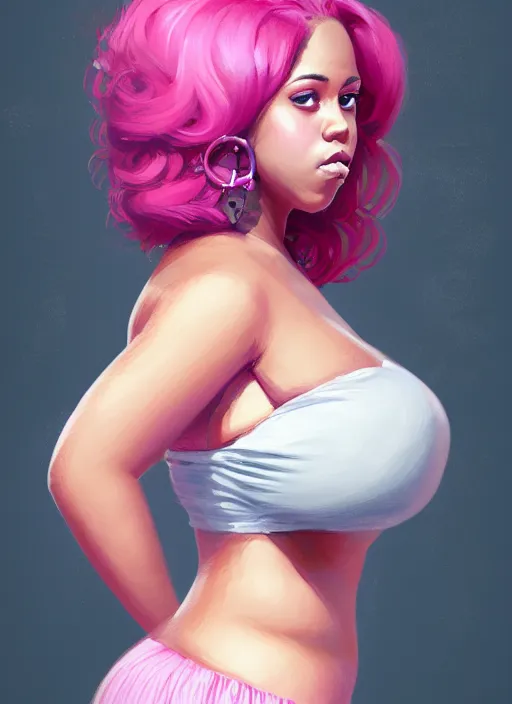 Image similar to full body portrait, teenage vanessa morgan, pink hair, obese, curly pixie hair, sultry, realistic, short hair, hoop earrings, skirt, shirt, fat, belly, black girl, intricate, elegant, highly detailed, digital painting, artstation, concept art, smooth, sharp focus, illustration, art by wlop, mars ravelo and greg rutkowski