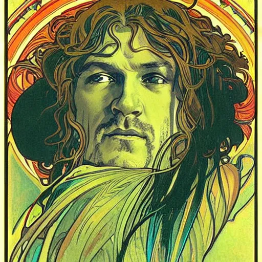 Image similar to “colorfull artwork by Franklin Booth and Alphonse Mucha and Moebius showing a portrait of Young Robert Plant”
